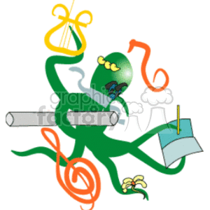   The clipart image features an octopus with multiple arms engaging in activities related to music and conducting. Each arm of the octopus is involved with a different musical element:
- One arm is holding a baton, typically used by a conductor to direct a musical ensemble.
- Another arm is holding a music sheet or score, which is used by musicians to perform music.
- There is an arm holding a lyre, an ancient stringed musical instrument.
- The octopus also appears to be playing a horn instrument like a trumpet.
- Another limb is holding a pipe, which could represent a wind instrument like a flute.
- There is an arm with a sheet of music pinned down by a note-shaped stake, possibly to keep it in place.
- One of the tentacles holds what looks like a small flower, adding a whimsical or decorative element to the image.
The octopus appears animated or cartoonish and is presented in a dynamic and humorous manner, suggesting it is adeptly managing all these tasks simultaneously, a play on the fact that octopuses have multiple arms. The background is plain white, indicating that the image might be meant for light-hearted purposes such as to illustrate the concept of a multi-talented individual or the idea of multitasking. 