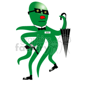 This image is a stylized clipart image of an octopus characterized as a secret agent or hitman. The octopus has a green head with sunglasses and a red mouth, wearing a formal black suit with a bow tie. It is carrying a briefcase in one of its tentacles and an umbrella in another, suggesting a theme of intrigue or undercover operations. The depiction is playful and anthropomorphizes the octopus with human-like attire and accessories typically associated with the spy or mafia genre in popular culture. The number 008 on the bow tie might be a humorous play on the famous fictional spy's code name, 007. The octopus is also shown wearing shoes on two of its tentacles, adding to the anthropomorphic portrayal.