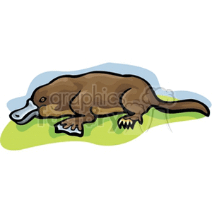 A clipart image of a platypus lying on the ground with a simple and colorful background.