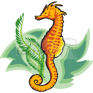 The clipart image depicts a stylized orange and yellow seahorse with intricate patterns on its body. The seahorse is depicted with a curled tail and is positioned beside green aquatic plants, likely representing seaweed or sea grass. The overall theme of the image suggests an underwater setting, highlighting a creature commonly found in the ocean.