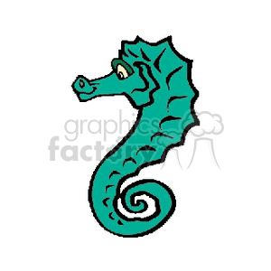 A green cartoon seahorse with a curly tail and expressive eyes, characterized by a unique, wavy texture along its body.