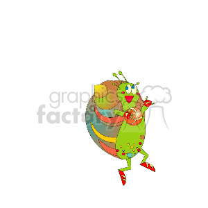   The image shows a stylized, cartoonish depiction of a snail. It is anthropomorphic with a happy expression, wearing shoes and is designed with bright, multicolored patterns on its shell and body. It also seems to be in motion, as if it