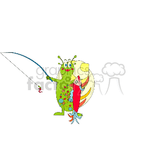   This is a whimsical clipart image featuring an anthropomorphic snail engaged in the activity of fishing. The snail is depicted with human-like characteristics, such as arms and a face, showcasing a playful and cartoonish design. It holds a fishing rod with bait at the end of the line. The snail