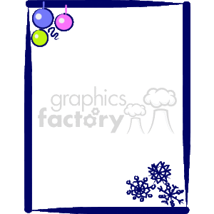 This is a clipart image of a decorative winter-themed border or frame. The frame is predominantly dark blue, with a bold blue outline. In the upper left corner, there are three Christmas ornaments hanging down, each a different color: blue, pink, and green. They are attached by squiggly lines, suggesting they are hanging as decorations. In the bottom right corner, there is a cluster of intricately designed snowflakes, suggesting a winter or holiday theme. The snowflakes are detailed and ornamental. The frame has a large blank space in the center, which could be used for inserting text or other imagery as part of a card, invitation, or other graphic design elements associated with winter or holiday events.