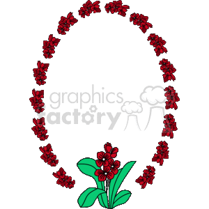 The clipart image displays a decorative, floral border made up of red flowers with a central bouquet of the same style flowers at the bottom. The flowers are accented with black line details, and the leaves are a solid green color. The border creates a frame that encloses an empty space, which is presumably for someone to add text or other images within the confines of the floral frame.