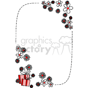 The clipart image features a decorative border or frame with a floral design. There are multiple red and white flowers with black outlines arranged in clusters near the edges of the frame. Additionally, there are 2 gift boxes with red and white wrapping present in the lower left of the image, which adds to the festive or celebratory theme. The center of the image is a large and blank space that is shaped to accommodate text or another graphic, making it ideal for invitations, cards, or announcements.