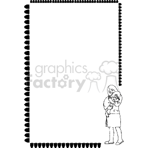 This appears to be a black-and-white line art image featuring a decorative frame or border around a blank central space. Along the left side margin, there is a chain-like design, while the bottom margin has a simple zigzag pattern. Inside the frame, towards the bottom right corner, there's a silhouette of a woman holding a child. The image is designed in such a way that the central space can be used to insert text or other images, which makes it suitable for certificates, invitations, or other stationery that may involve a theme of family or caregiving.