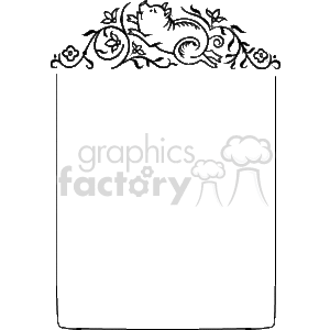 This is a black and white clipart image featuring a decorative border or frame. The top part of the border is ornate, with elements that resemble stylized floral designs, including roses, leaves, and swirling patterns. It's designed to encase or highlight content within its borders, often used for stationery, certificates, or page decoration purposes. There is a pig drawn into the header in an ornate way