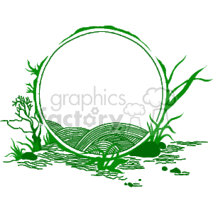 The clipart image shows a circular frame with nature-inspired borders. The borders are composed of various grasses and plants, with some leaves and stems extending into the circular area, adding a decorative and organic touch to the frame. The inside of the circular frame is empty, allowing for text or other elements to be added within it. The overall design suggests a theme connected to nature, the environment, or organic products.