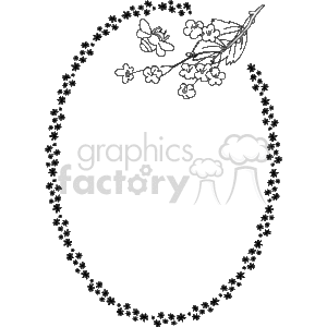   This is a black and white clipart image featuring an oval border made up of small flowers. Inside the oval, towards the top right, there