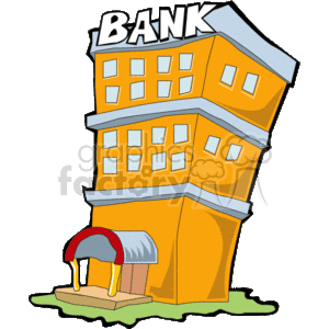 The image is a stylized clipart representation of a bank building. The building is exaggerated with a whimsical, leaning design, giving it a playful and cartoonish appearance. The word BANK is prominently displayed at the top, with multiple windows across the facade. There is a small overhang above the entrance that is red with white stripes, which could be interpreted as an awning. The image is set against a transparent background.
