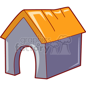 A clipart image of a simple dog house with a gray body and an orange roof.