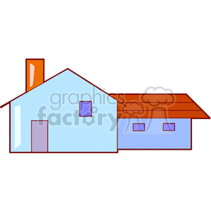 A simple clipart illustration of a house with a slanted roof and a chimney, featuring a blue and red color scheme.
