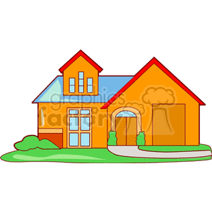 A colorful clipart image of a house with an orange exterior, red roof, blue windows, and green bushes in front. The house has a two-story structure with a garage and a small front garden.