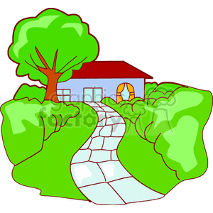 Colorful House with Greenery and Pathway