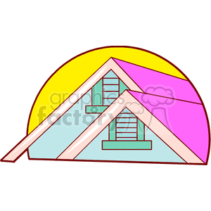 A colorful clipart image of a house roof with dormer windows in front of a yellow sun.