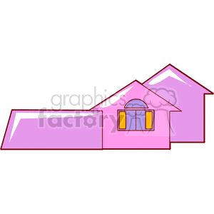 Illustration of a pink house with multiple sections, featuring a window with yellow shutters.