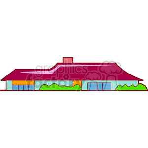 A colorful clipart image of a modern house with a large red roof, sky blue walls, and green bushes in the foreground.