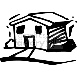 A simple black and white clipart of a house with a path leading to the front door.