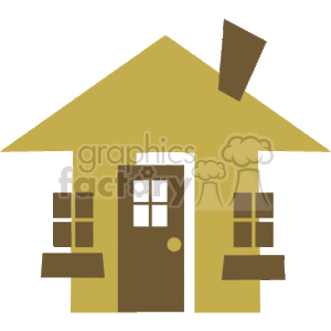 The clipart image depicts a stylized representation of a house. Key elements include:
- A golden yellow color for the main structure of the house.
- A brown door with a window divided into four panes, and a circular knob.
- Two windows on either side of the door, each with four panes.
- A dark brown roof with an angular design and a chimney protruding from the top.
- The overall style is simple and cartoon-like, making it suitable for various applications related to housing, real estate, and residential themes.