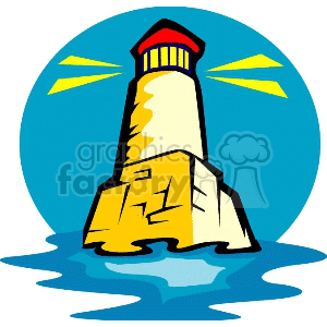 Colorful clipart image of a lighthouse emitting light beams, surrounded by water with a blue circular background.