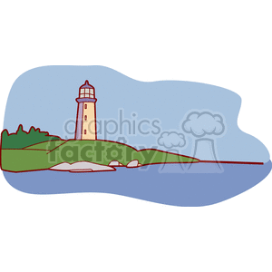 A clipart image of a lighthouse situated on a grassy hill near the coast, surrounded by rocks and the sea.