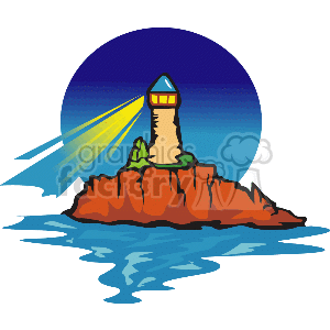 The clipart image features a lighthouse situated on a rocky outcrop surrounded by water. The beacon of the lighthouse is active, emitting rays of light into the surrounding area. The background suggests it could be nighttime or dusk due to the dark hues of the sky. The colors are vibrant and the style is typical of clipart graphics.