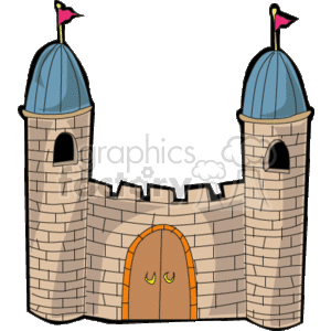   The clipart image depicts a stylized fantasy castle or fortress. It includes key features such as:
- Two tall towers with cone-shaped, blue roofs and what appear to be flags on top.
- Walls made of stone bricks, creating the main structure of the castle.
- A central arched doorway, suggesting an entrance.
- Small slit windows on the towers, typical for archer slots in medieval castles.
- Crenellations along the top of the walls, which are the notches that provide cover for defenders on the wall.
This image represents a simplified and cartoonish version of a castle, often seen in children
