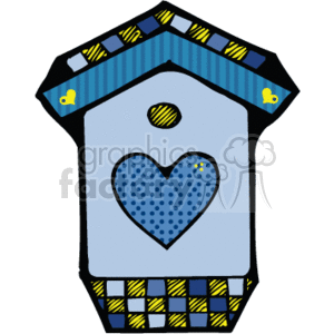   The image is a clipart of a country-style birdhouse. It features a blue birdhouse with decorative elements. The roof has a patterned design with what appears to be yellow and black accents, possibly resembling thatch or straw. There are also little yellow bird shapes on the roof