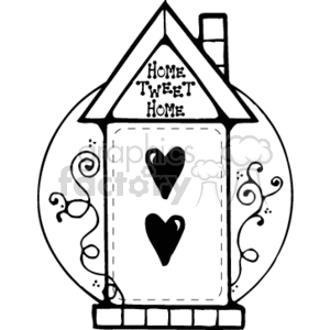 This is a black and white line art clipart image depicting a stylized birdhouse. The birdhouse has a quaint country-style design featuring a tall rectangular shape with an A-frame roof. On the roof, the phrase HOME TWEET HOME is written, playfully modifying the common phrase home sweet home to suit the avian theme. There are three heart shapes cut out as decoration on the front face of the birdhouse, functioning as entry points or windows. There are also decorative swirls and vines on either side of the birdhouse, adding to its country charm. The birdhouse appears to be mounted on a base or platform.