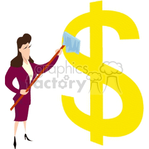 A businesswoman in a suit cleaning a large yellow dollar sign with a mop.