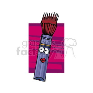 Cartoon-style makeup brush with facial features on a purple background.