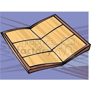 Clipart image of an open book with blank pages on a purple background.