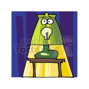 A whimsical cartoon illustration of a green lamp with eyes and a light bulb shining brightly, set on a table against a dark blue background.