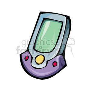 A colorful, cartoon-style clipart image of an old-school handheld personal digital assistant (PDA) with a large screen and buttons.