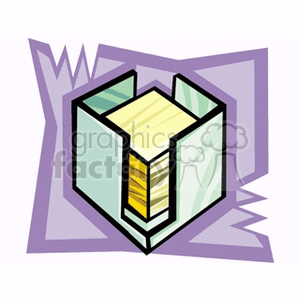 Clipart image of a stack of yellow sticky notes in a three-sided holder with a purple abstract background.