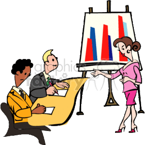 This clipart image depicts a business meeting scenario. There are three individuals around a table: one woman standing and presenting, with two men seated and observing. The focus of the presentation appears to be a set of bar graphs on a flip chart or presentation board, suggesting a discussion on topics like sales, performance, or financial results. The woman is pointing to the chart while the seated men have papers in front of them, possibly taking notes or reviewing related documents. The attire of the characters and the formal setting imply a professional environment. The graphics on the board, featuring bars in red and blue, are typical representations of business data analysis or performance metrics.