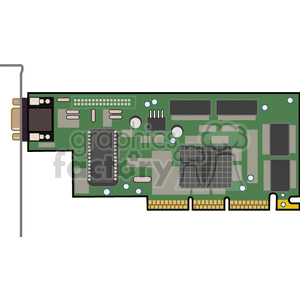 Clipart image of a computer graphics card with a green circuit board and various components including a heatsink and connectors.