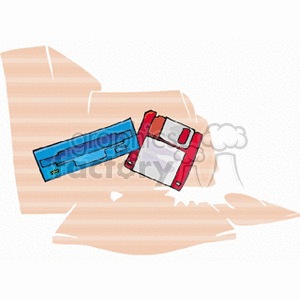 Clipart image of blue floppy disk drive, with a red floppy disk next to it