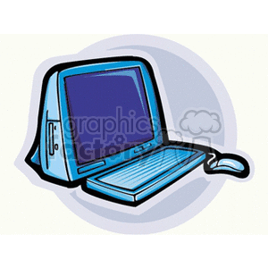 A clipart image of a blue desktop computer with a mouse.