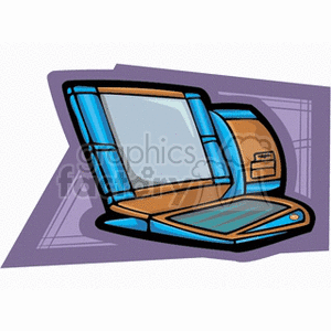 Colorful clipart of a retro-styled PC with a blue and brown color scheme, set against a purple abstract background.