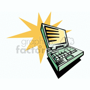 A clipart image of an open laptop with a yellow starburst in the background.