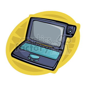 A colorful clipart of a laptop with a webcam attached, set against a stylized yellow background.