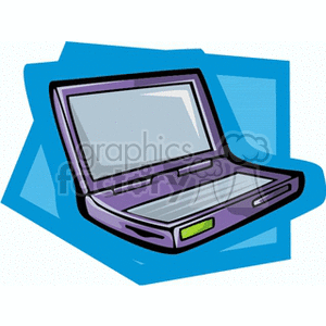 Clipart illustration of a purple laptop on a blue abstract background.