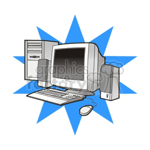 Clipart image of a vintage desktop computer set with monitor, keyboard, mouse, CPU tower, and speakers on a blue starburst background.