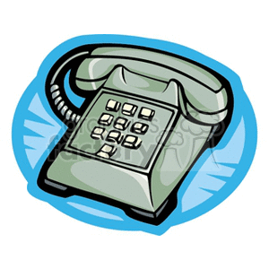 Clipart image of a classic telephone with a cord, set against a blue background.