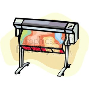 Clipart image of a large format printer producing a colorful printed sheet.