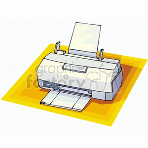 Clipart image of a printer with paper on a yellow background.