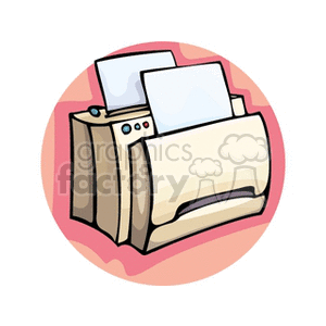 Clipart image of a printer with sheets of paper, set against a circular pink background.