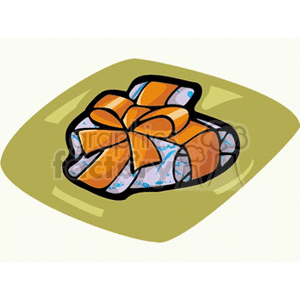 Clipart image of a gift with an orange bow on a green background. The shape of the gift suggest a printer